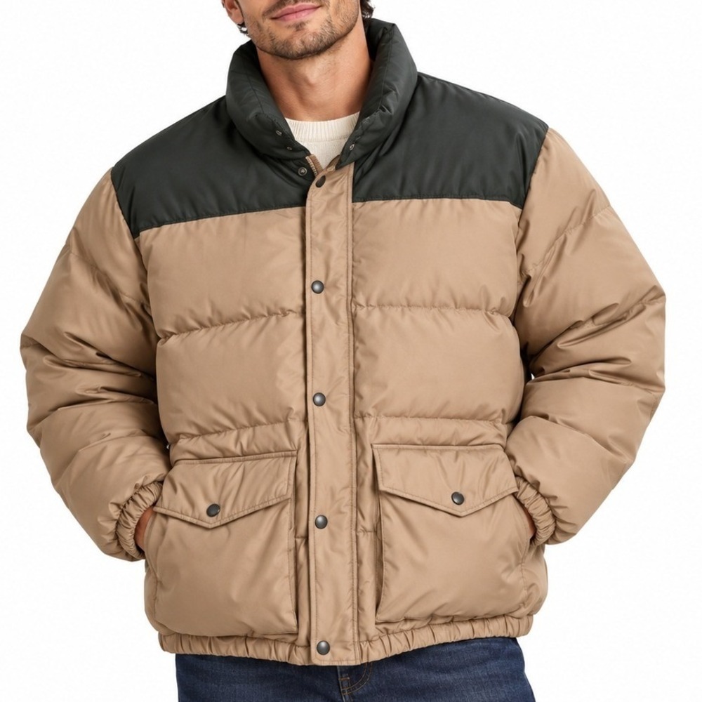 Lands End Puffer Jacket Mens XXL Tan Green Down Fill Quilted Heavyweight Parka